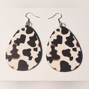 earrings cow print wooden dangle new d77‎
